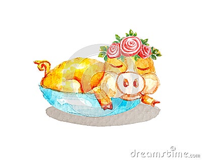 Watercolor yellow little pig with a wreath Stock Photo