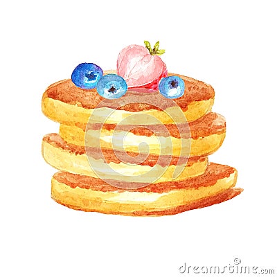 Watercolor pancakes no filling on top, isolated in white background. Can be used for menu, template, cards, invitations Stock Photo