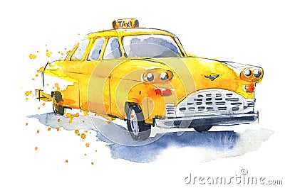 Watercolor yellow traditional taxi, hand painted Stock Photo
