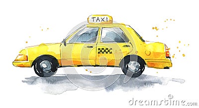 Watercolor yellow traditional taxi, hand painted Stock Photo