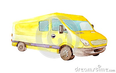 Watercolor yellow van truck with gray wheels and one window in the back isolated on white background for postcards, business and Cartoon Illustration