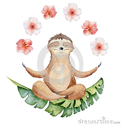 Watercolor yoga sloth in lotus position with flowers cute hand drawn illustration Cartoon Illustration
