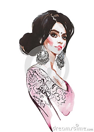 Watercolor young Indian woman with sari and earrings. Cartoon Illustration