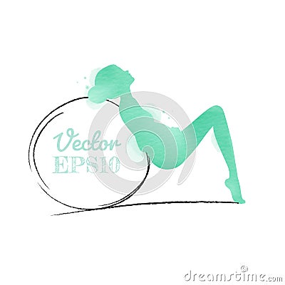 Watercolor of a young pregnant woman engaged in fitness on the fitball isolated on white background. Watercolor style. Vector Vector Illustration