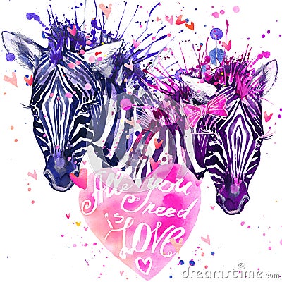 Watercolor zebra illustration. Cute zebra. Cartoon Illustration