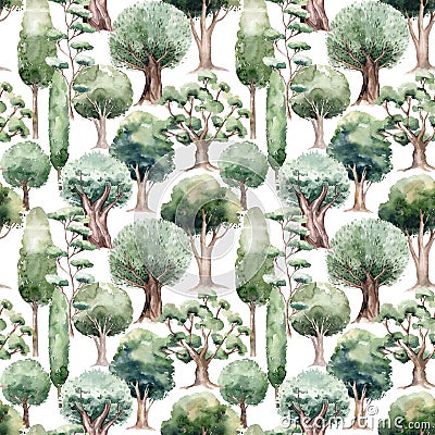 Watercolored green oak tree seamless pattern. Landscape background Stock Photo