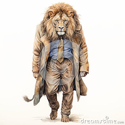 Watercolored Lion In A Vintage Coat And Tie: Hyperrealistic Wildlife Art With A Satirical Twist Stock Photo