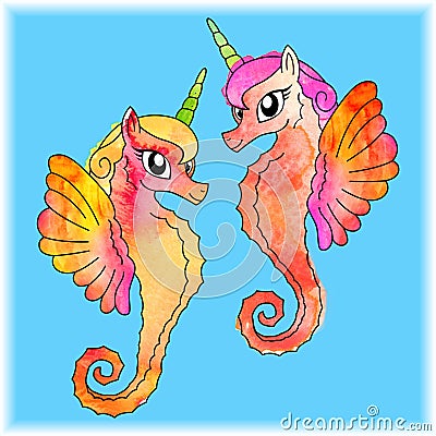 Watercolored Sea Unicorns Stock Photo