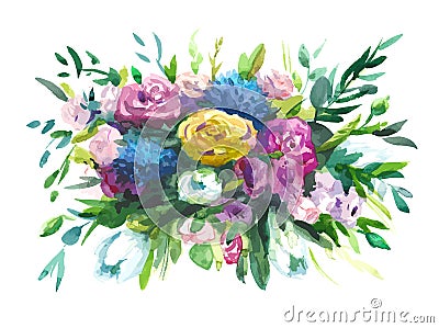 Watercolors bouquet of multicolored flowers Vector Illustration