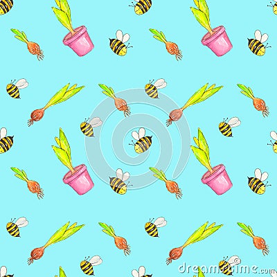 Watercolors draw a spring seamless pattern on a light blue background, consisting of bees, flower pots and flower bulbs. Stock Photo