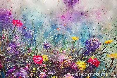 Watercolors flowers background, abstract flowers made from whatercolor paint splashes Cartoon Illustration