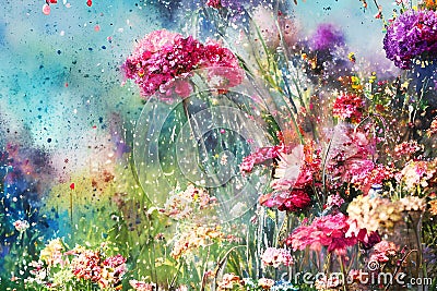 Watercolors flowers background, abstract flowers made from watercolor paint splashes Cartoon Illustration