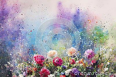 Watercolors flowers background, abstract flowers made from whatercolor paint splashes Cartoon Illustration