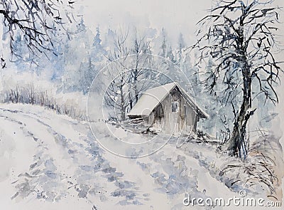 Winter landscape watercolor painted Stock Photo