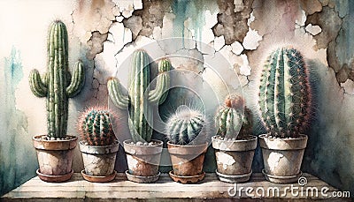 A watercolors of cactus pots with an old wall Stock Photo