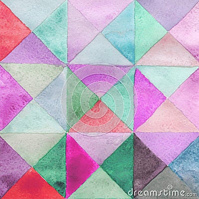 Watercolors triangles and squares, multicolored ornament, seamless pattern purple blue lilac green beige pink red Stock Photo