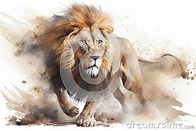 Watercolour abstract animal painting of an isolated male lion running in the jungle with dust and sand Cartoon Illustration