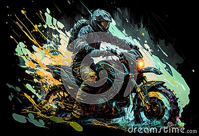 Watercolour abstract paintingof an off-road motorcyle and rider where the motorbike is driving through mud, dirt and water at an Cartoon Illustration