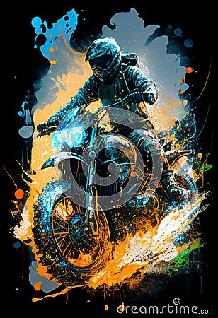 Watercolour abstract paintingof an off-road motorcyle and rider where the motorbike is driving through mud, dirt and water at an Cartoon Illustration