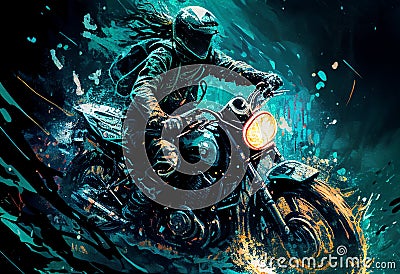 Watercolour abstract paintingof an off-road motorcyle and rider where the motorbike is driving through mud, dirt and water at an Cartoon Illustration