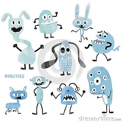 Watercolour cute monsters set Vector Illustration