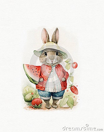 watercolor drawing of a cute rabbit and a piece of watermelon, a bunny eats fruit Stock Photo