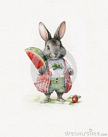 watercolor drawing of a cute rabbit and a piece of watermelon, a bunny eats fruit Stock Photo