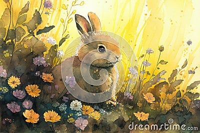 Watercolour cartoon of a cute Bunny rabbit sitting amongst flowers in a dreamy garden at Easter Cartoon Illustration