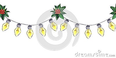 Watercolour christmas seamless border with glass garland with five yellow bulbs and holly. Hand drawn illustration Cartoon Illustration