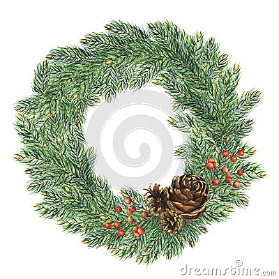 Watercolour Christmas wreath with berries, pine cones and tree branches. Hand painted fir border isolated on white Cartoon Illustration