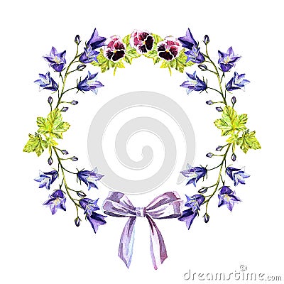 Watercolour circle frame of bluebells, leaves, purple violets and bow of light-purple ribbon Stock Photo