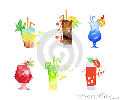 Watercolour Cocktail Poured in Glass with Straw as Summer Refreshing Drinks Vector Set Vector Illustration