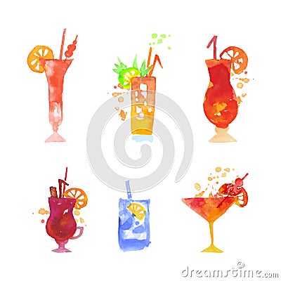 Watercolour Cocktail Poured in Glass with Straw as Summer Refreshing Drinks Vector Set Vector Illustration