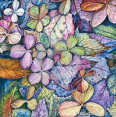 Watercolour Colourful Autumn Leaves Stock Photo