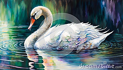 Watercolour colourful painting of white swan on lake undulation reflective water Stock Photo