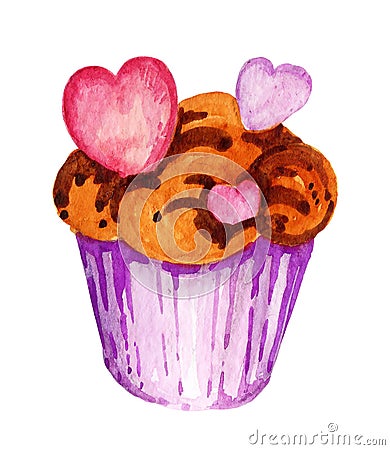 Watercolour cupcake, hand draw illustration, sketch of muffin. Pink and lilac colour on white background Cartoon Illustration