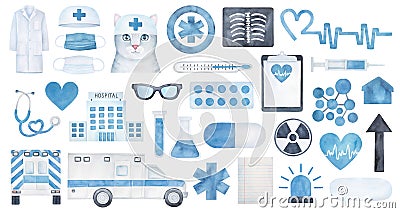 Watercolour drawing collection of various medical objects and signs: hospital building, lab coat, xray scan, etc. Stock Photo