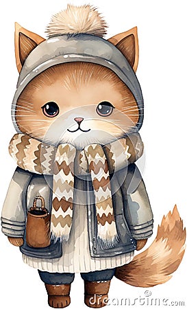 Watercolor Feline Winter Wonderland clipart Kawaii Cat Nursery Animals kitten Baby warm sweater Cute Meow Minimalistic Christmas Stock Photo