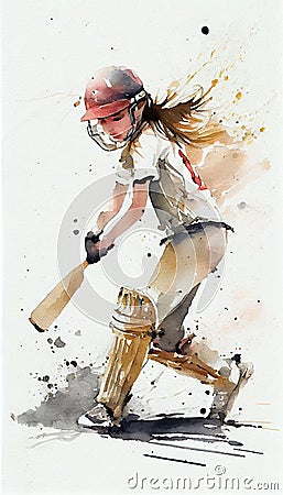 Watercolour Female Girl Cricket Player Holding a Bat - Empowering Women in Sport & Promoting Cricket. Women Playing Cricket. Made Stock Photo