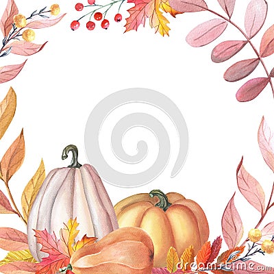 Watercolour frame with pumpkin, leaves on white background. Autumn card. Stock Photo