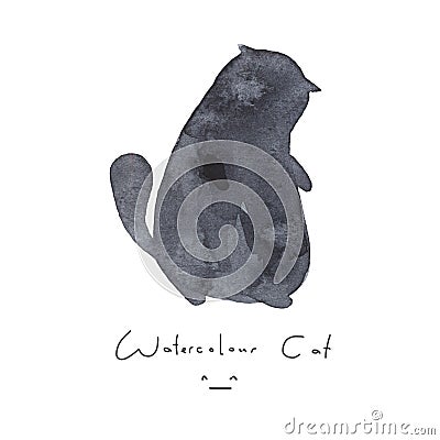 Watercolour gray black cat isolated on white background. Cute simple animal hand drawn. Illustration style. Sign or Stock Photo