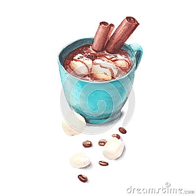 Watercolour hand painted illustration of hot chocolate with cinnamon marshmallow coffee and caramel in turquoise cup. Cartoon Illustration