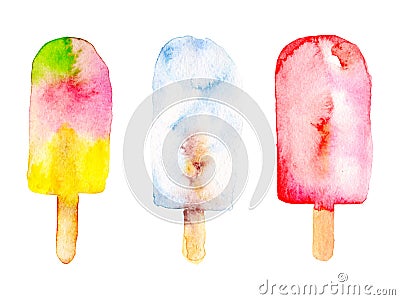 Watercolour hand painted set of summer elements. Ice cream three flavour. Frozen juice popsicles. Mixed flavour. Stock Photo