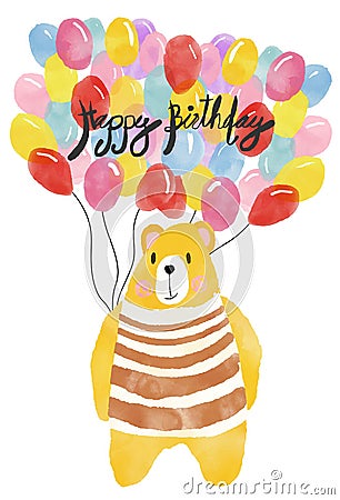 Watercolour happy birthday card,teddy holding colourful balloons Vector Illustration