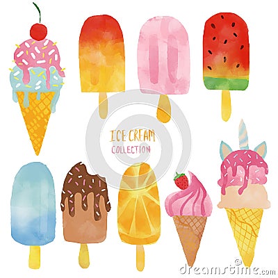 Watercolour ice cream summer set Vector Illustration