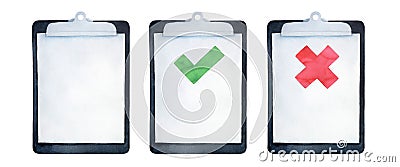 Watercolour illustration collection of clipboard icons set: with green tick symbol, with red cross sign and blank one with copy sp Cartoon Illustration