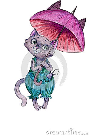 Watercolour illustration of a cute kitten with an umbrella jpeg, png Cartoon Illustration