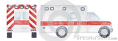 Watercolour illustration pack of different views of emergency ambulance car with blank bright red stripes and decoration. Cartoon Illustration
