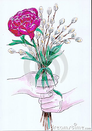 Watercolour illustration of hands holding a posy of flowers. Cartoon Illustration