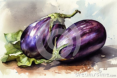 A watercolour illustration of two eggplants. Created with Generative AI Cartoon Illustration
